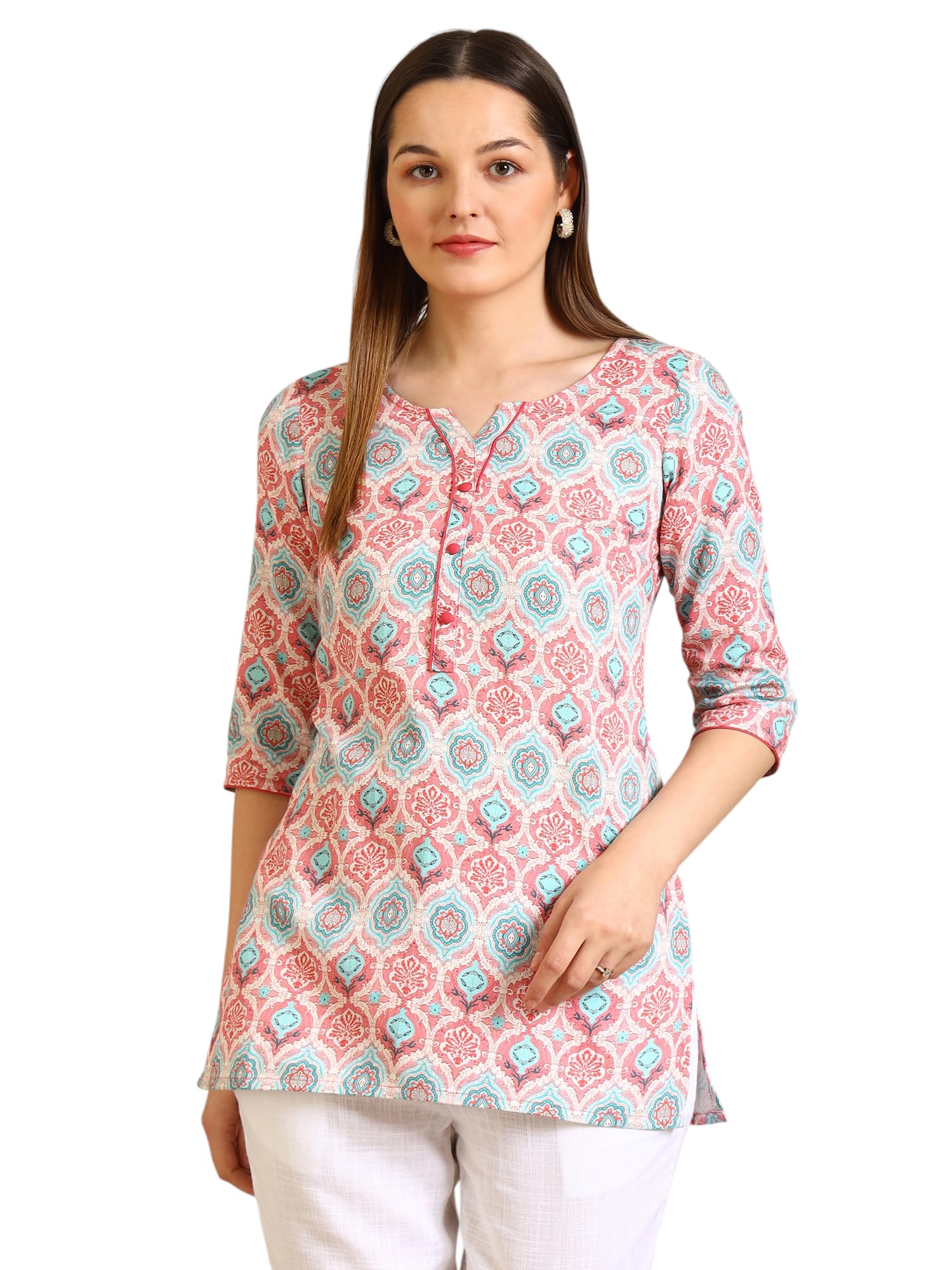 Aurelia Women's Pink Abstract Printed Pure Cotton Straight Kurta