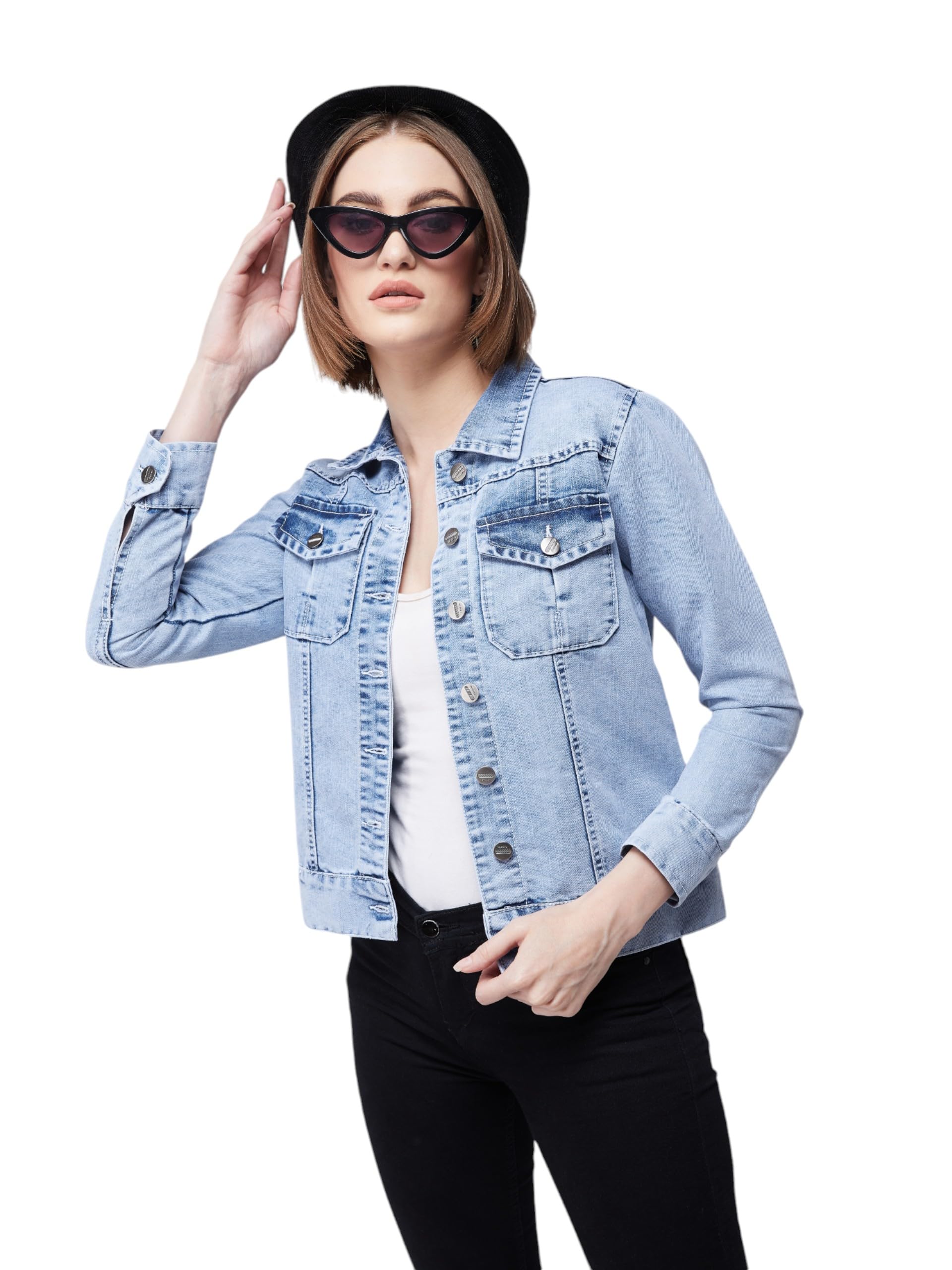 Miss Chase WomenS Collared Full Sleeves Solid Buttoned Denim Jacket (Mcaw24Den82-12-158-05, Light Blue, L)