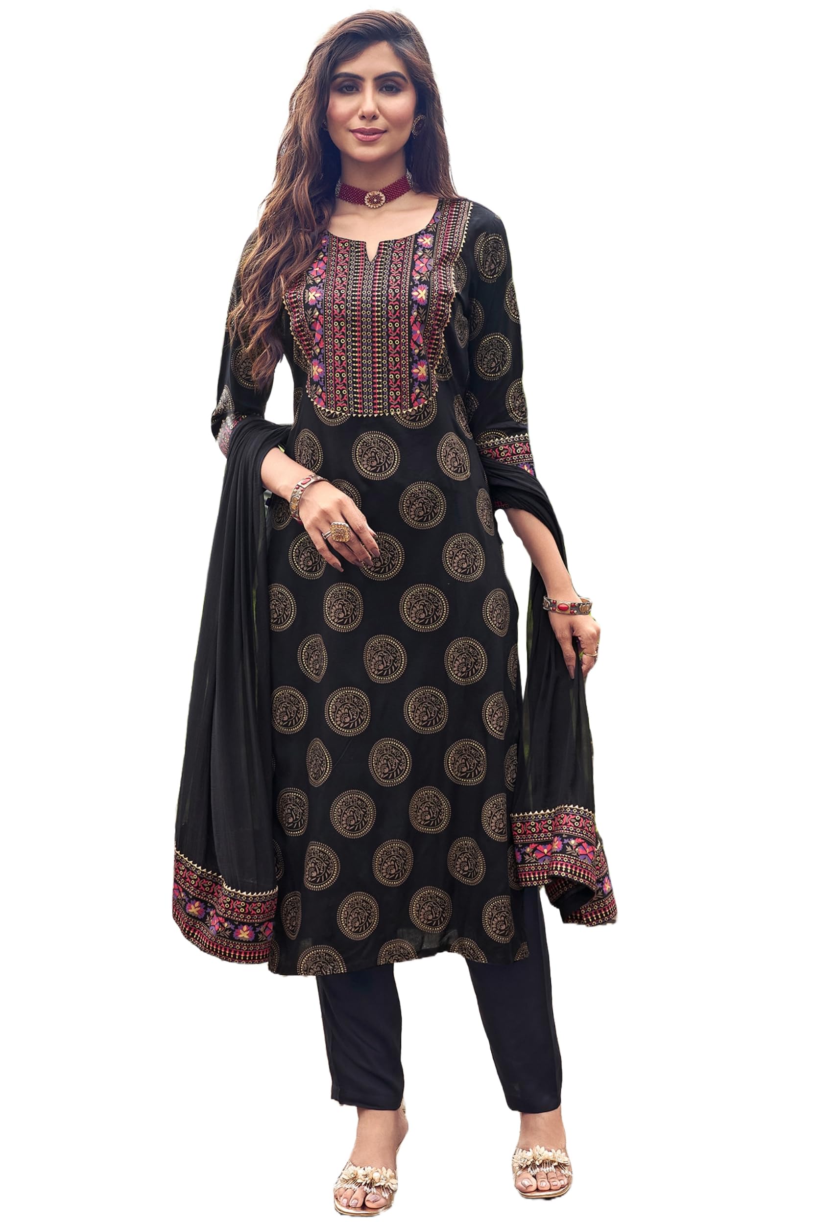ANNI DESIGNER Ladies Cotton Kurta with Trousers and Dupatta, Black, XL