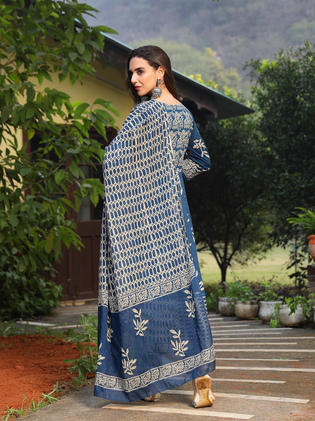 Stylum Womens Floral Printed Cotton Anarkali Kurta Pant Dupatta Set