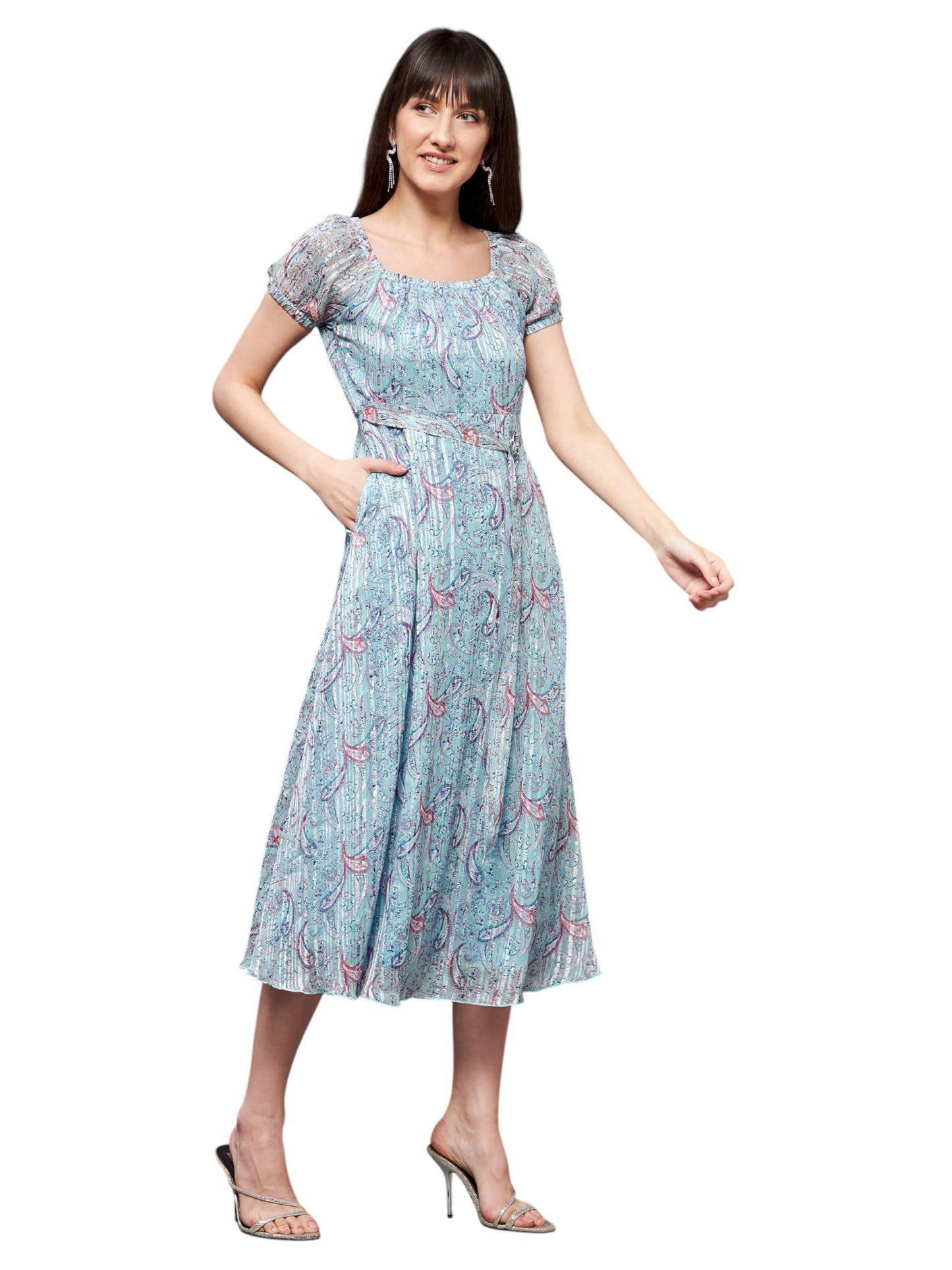Miss Chase Womens Square Neck Short Puff Sleeve Bohemian Fit & Flare Midi Dress (MCSS25D91-87-283-03, Multicolored Base Light B