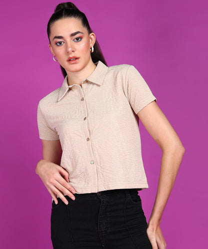 POPWINGS Women Casual Beige Rimjhim Solid Shirt