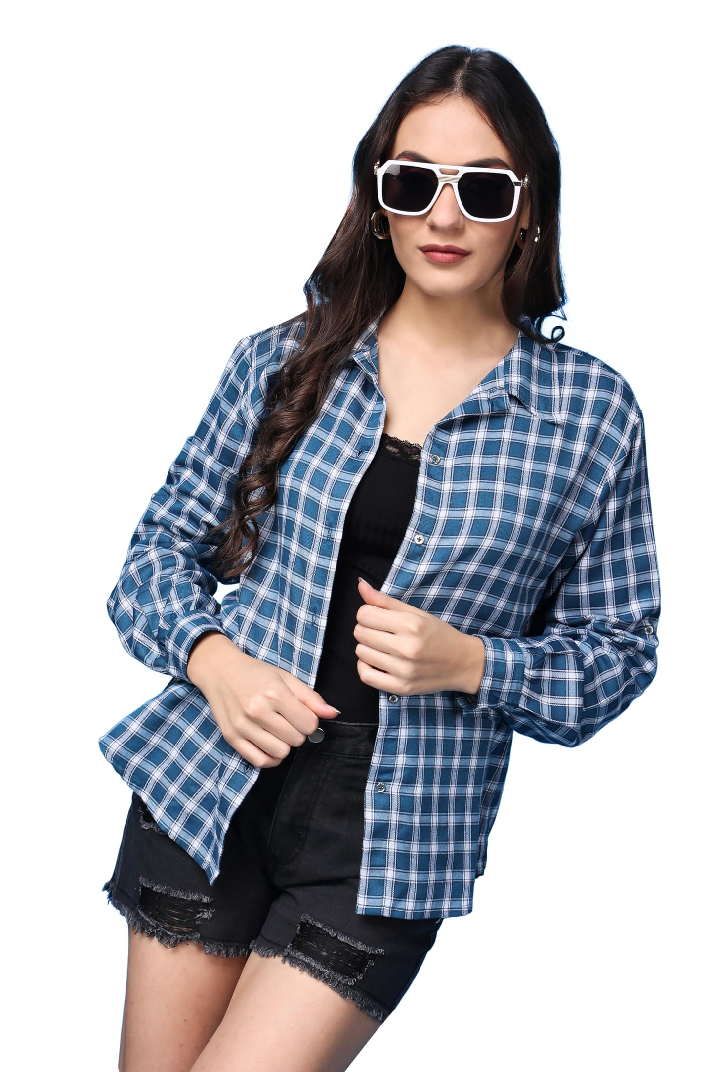 POPWINGS Casual Checks Print Shirt for Women | Cotton Full-Sleeves Women Shirt | Summer Shirt for Women | Stylish Shirt for Wome