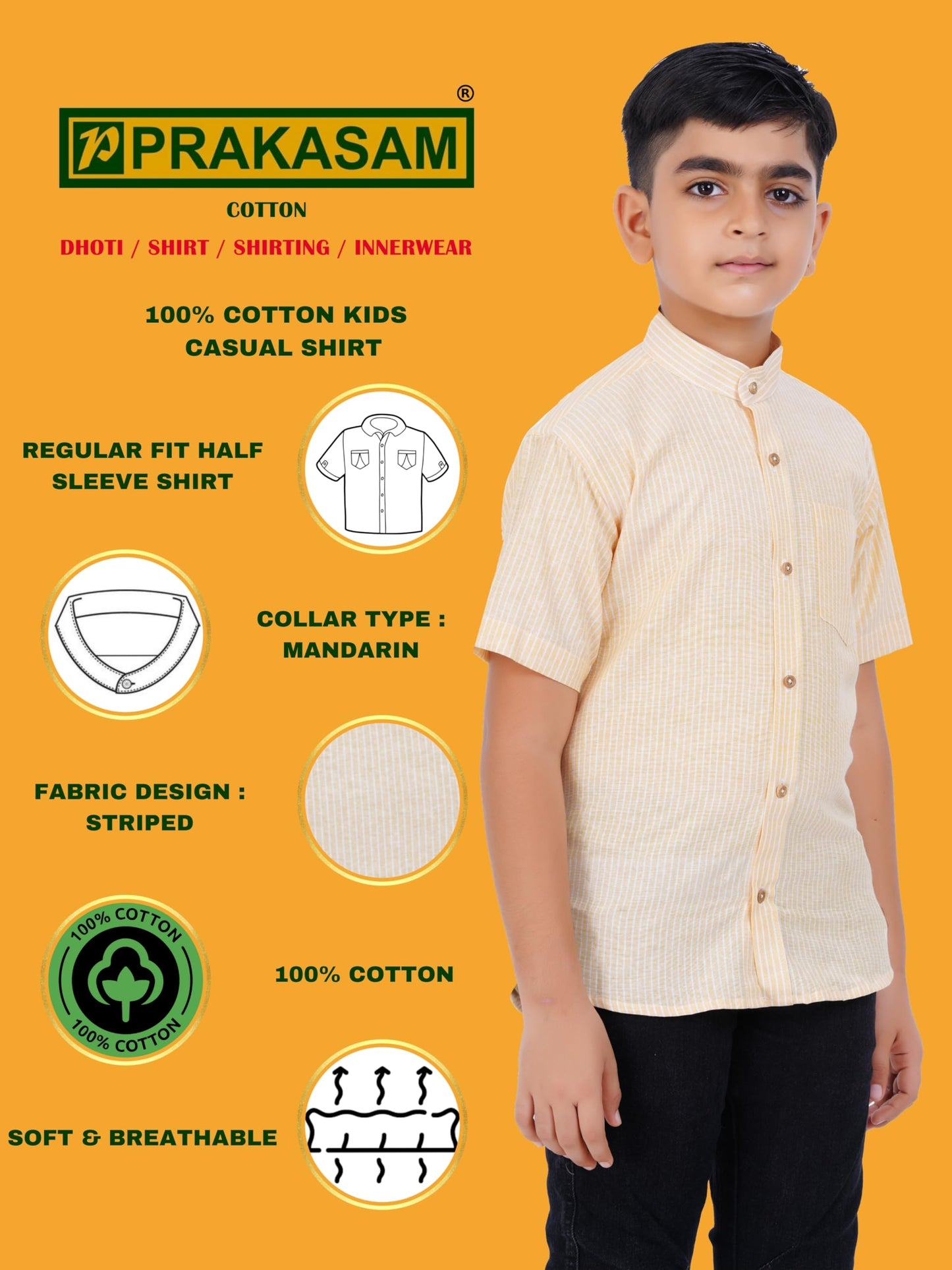 PRAKASAM COTTON Boys Striped Half Sleeve Mandarin Collar Shirts, Shirts for Boys