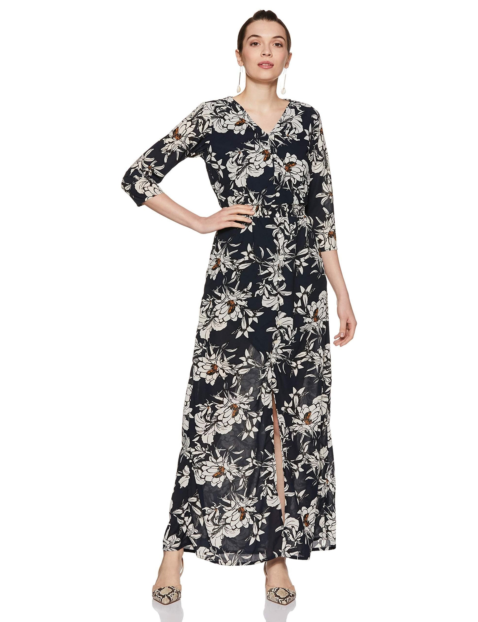 Miss Chase WomenS Multicolored Floral Print Maxi Dress(Mcaw17D09-90-178-02_Multicolor-Base Navy Blue_X-Small)