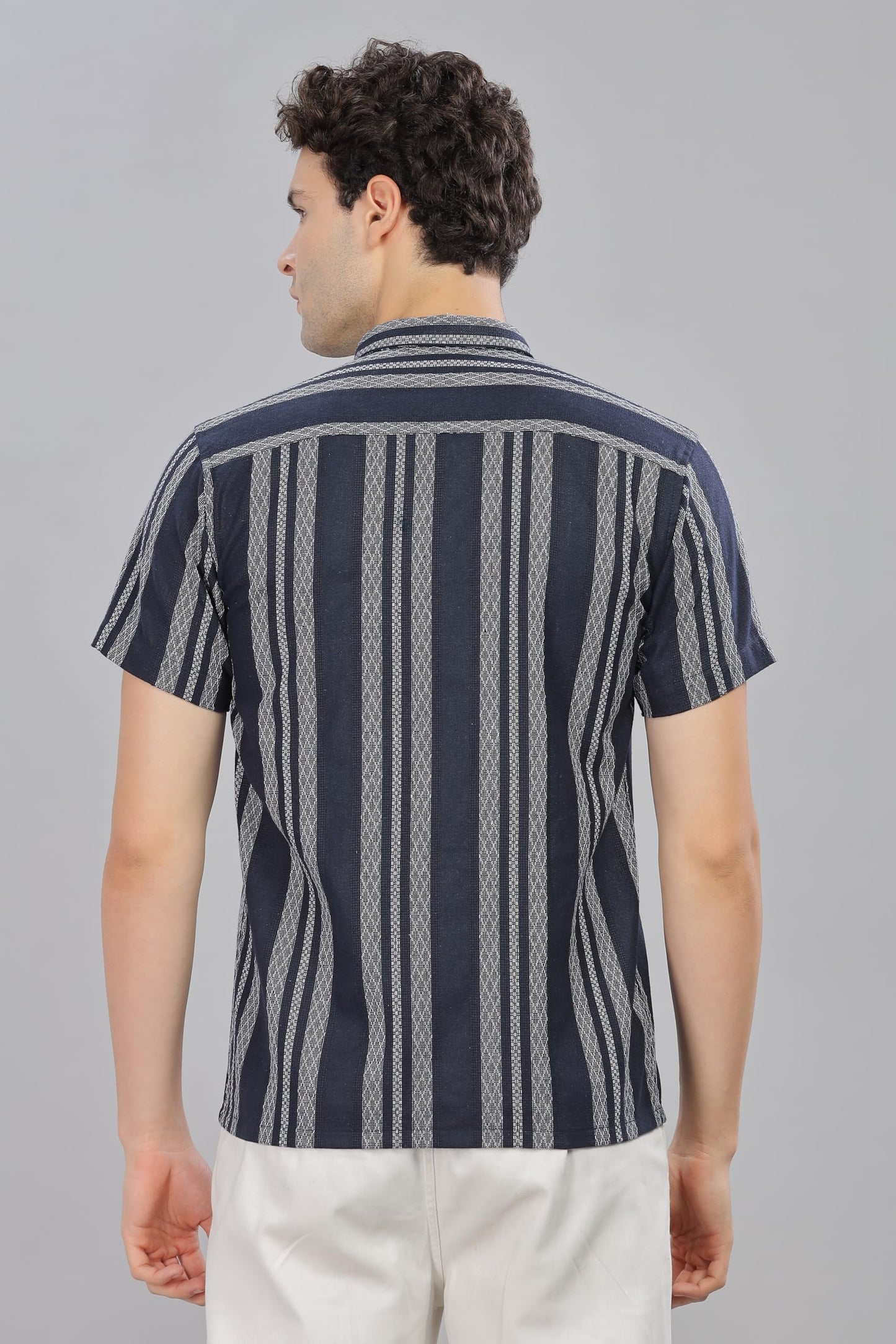 Mildin MenS Cotton Blend Striped Printed Shirt With Spread Collared Neck Half Sleeve Button Closure Regular Fit Straight Standa