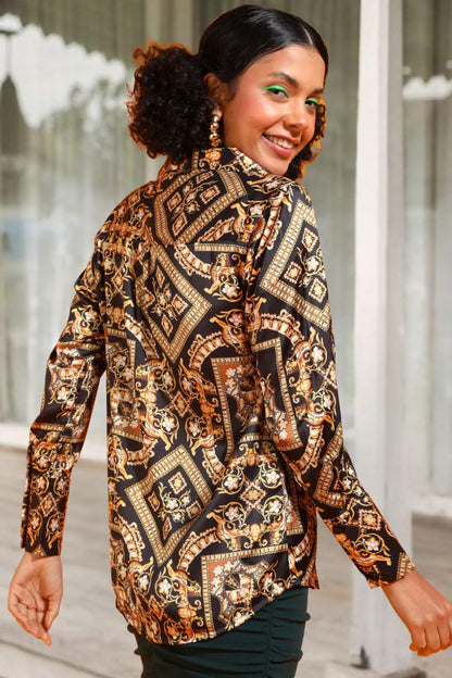 POPWINGS Printed Full-Sleeves Regular-Fit Satin Printed Shirt for Women Stylish Western Casual Wear Black Golden