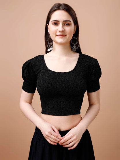 Pujia Mills Womens Readymade Shining Lycra Stretchable Round Neck Half Puff Sleeve Blouses Lycra Stretchable Black Color Blouse