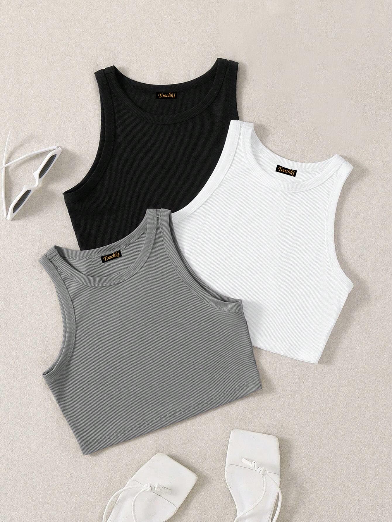 Toochki Top for Women | Spandex Crop Tops | Black White Beige Grey | Short | Western | Pack of 3 Combo