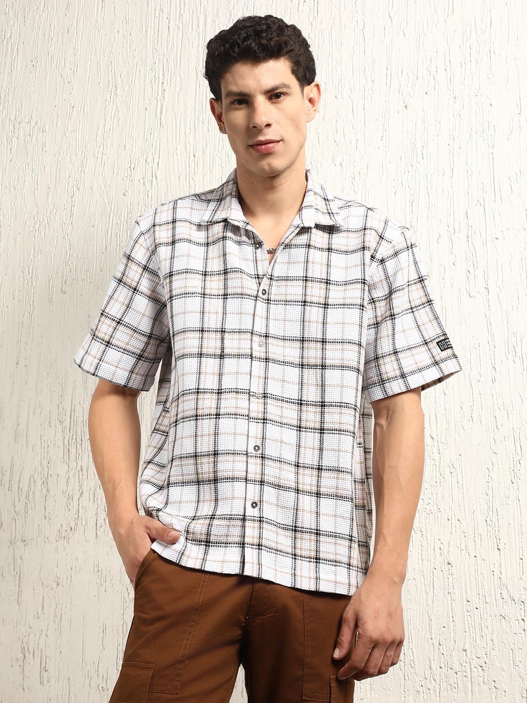 Hubberholme Men Summer Cotton Spread Collar Short Sleeves Oversized Casual Shirt 34