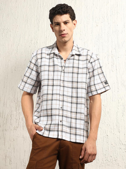 Hubberholme Men Summer Cotton Spread Collar Short Sleeves Oversized Casual Shirt 34