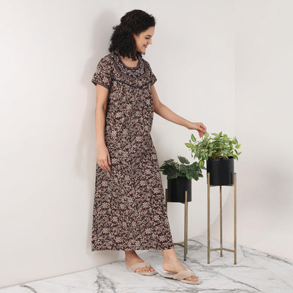Evolove WomenS 100% Cotton Supersoft With Beautiful Embroidery Long Maxi Night Gown Nighty Dress With Pocket, Most Comfortable