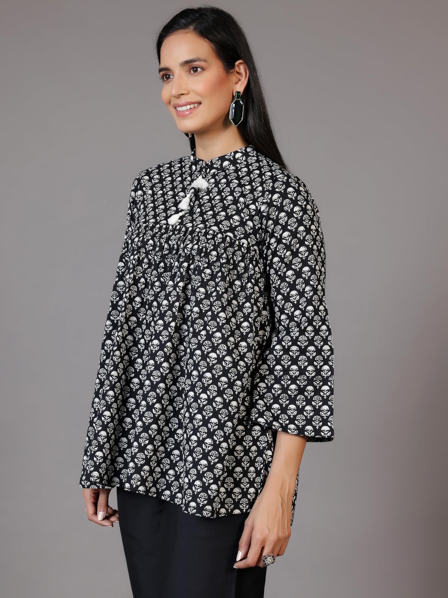 Libas WomenS Cotton Printed A-Line Kurtis (29065_Black