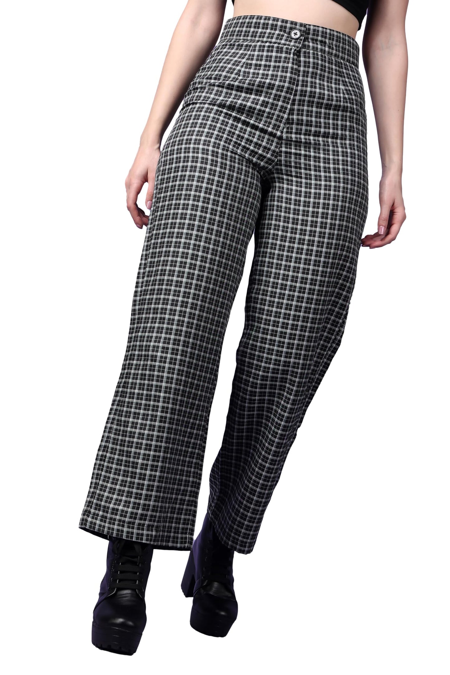 POPWINGS Casual Check Print Button and Zip Closure Trouser for Women | Western Wide-Leg Trouser for Women | Summer Trousers for