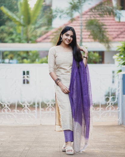 GoSriKi Women's Rayon Blend Straight Kurta with Pant & Dupatta, Small, Beige, Model GOJALA BEIGE-GS