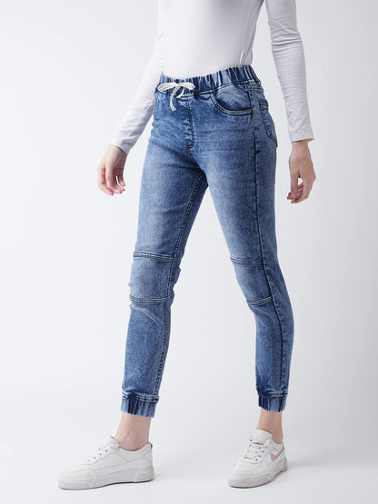 Miss Chase WomenS Blue Relaxed Fit Mid Rise Regular Length Denim Stretchable Jogger Pants With Drawstring Closure (Mcss20Den99-