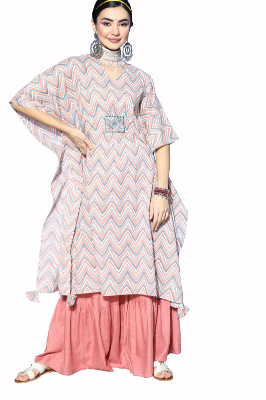Stylum Women's Stripes Printed Cotton Kaftan Kurta (Peach)