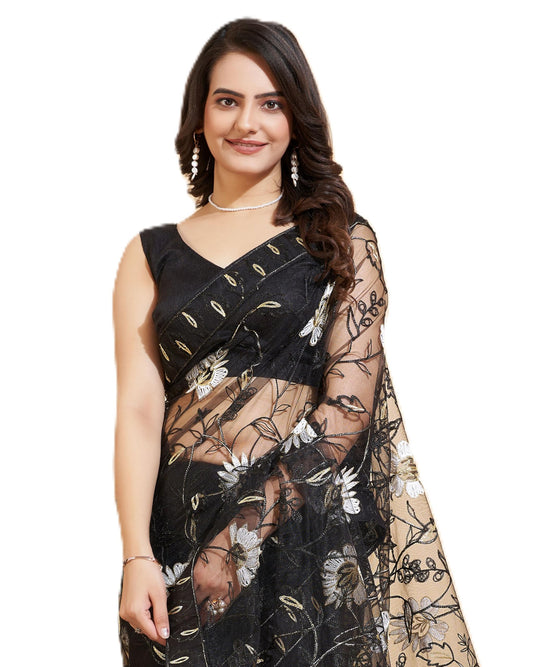 Vairagee WomenS Soft Net Flower Embroidered Border Work Saree And Unstitched Lilac Blouse Piece With Lace Work | Saree For Wedd