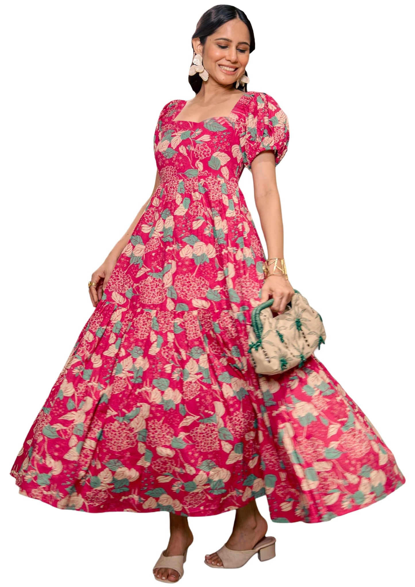 ANNI Designer Womens Rayon Printed Round Neck Long Maxi Dress (Danish PINK-VKS01_S_Pink_Small)