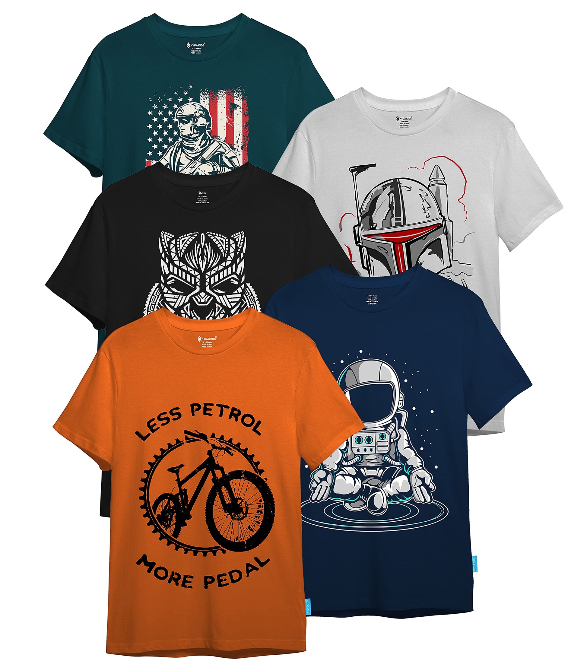 Kyda Kids Boys Cotton Printed Round Neck T-Shirts - Multicolor (Pack Of 5)