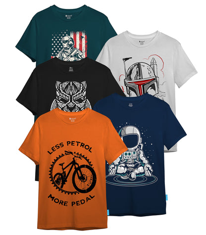 Kyda Kids Boys Cotton Printed Round Neck T-Shirts - Multicolor (Pack Of 5)