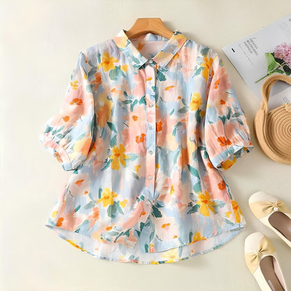 Gufrina WomenS Peach Floral Printed Button-Down Shirt With Collar Neck And Half Sleeves | Lightweight Relaxed Fit Shirt For Cas