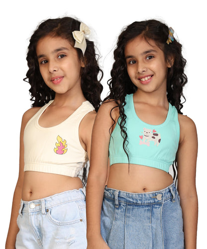 Kyda Kids Girls Antibacterial Cotton Printed Sports Bra Training Bras, Non Padded, Chest Double Layered Wireless Light Padded Br