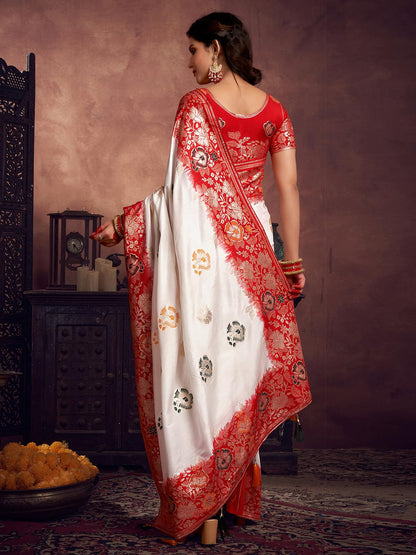 Satrani WomenS Navratri Special Cotton Silk Banarasi Jacquard Durga Puja Special Bengali Saree With Unstitched Blouse Piece (38