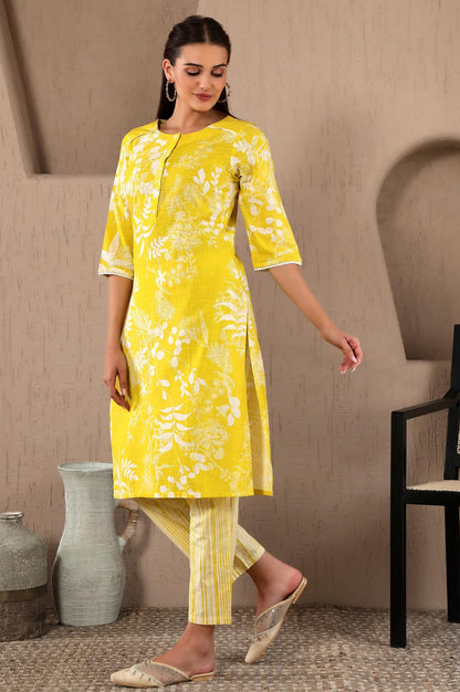 W WomenS Light Yellow Floral Printed Cotton Kurta Dupatta Bottomwear With Lace