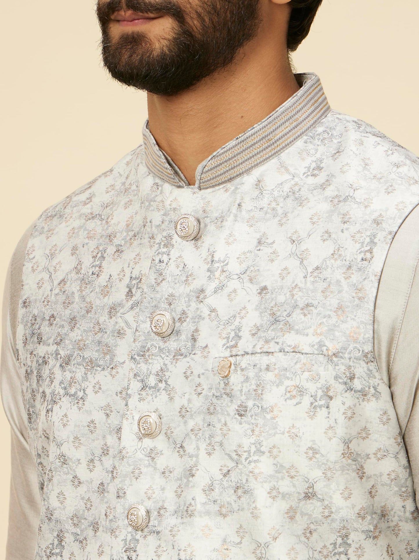 Manyavar Grey Art Silk Foil Print Kurta Jacket Set