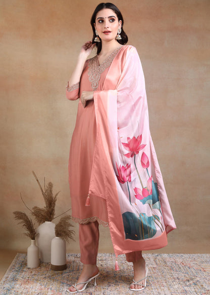 Memore WomenS Silk Embroidered Kurta Pant Set With Digital Printed Dupatta V Neck 3/4 Sleeves Straight Calf Length And Solid Bo