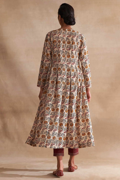 W for Woman Beige Block Print Pleated Longline Kurta