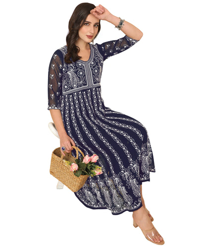 EthnicJunction Women s Georgette Chikankari Embroidery Anarkali Kurta (B19-Apsara-Navy_L_Navy Blue)