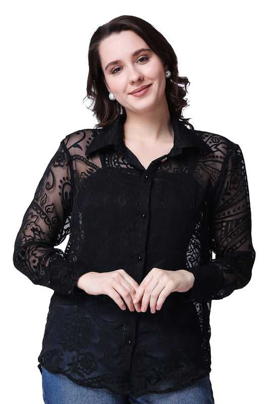 POPWINGS Casual Net Laces Brasso Design Transparent Shirt for Women || Stylish Western Net Shirt for Women || Women Shirt for Su