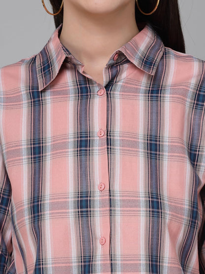 Style Quotient Women Pink Cotton Checks Smart Casual Shirt
