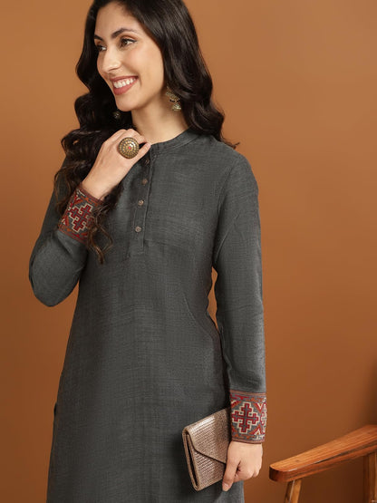 rangita Grey Acrylic Calf Length Printed Straight Kurti for Women | Kurta for Women