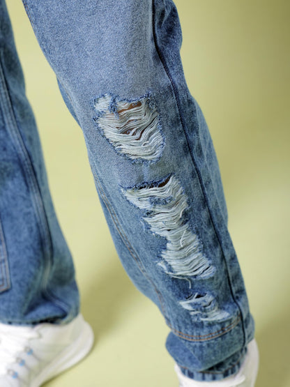The Indian Garage Co Men Vintage Straight Fit Distressed Mid-Rise Jeans Blue