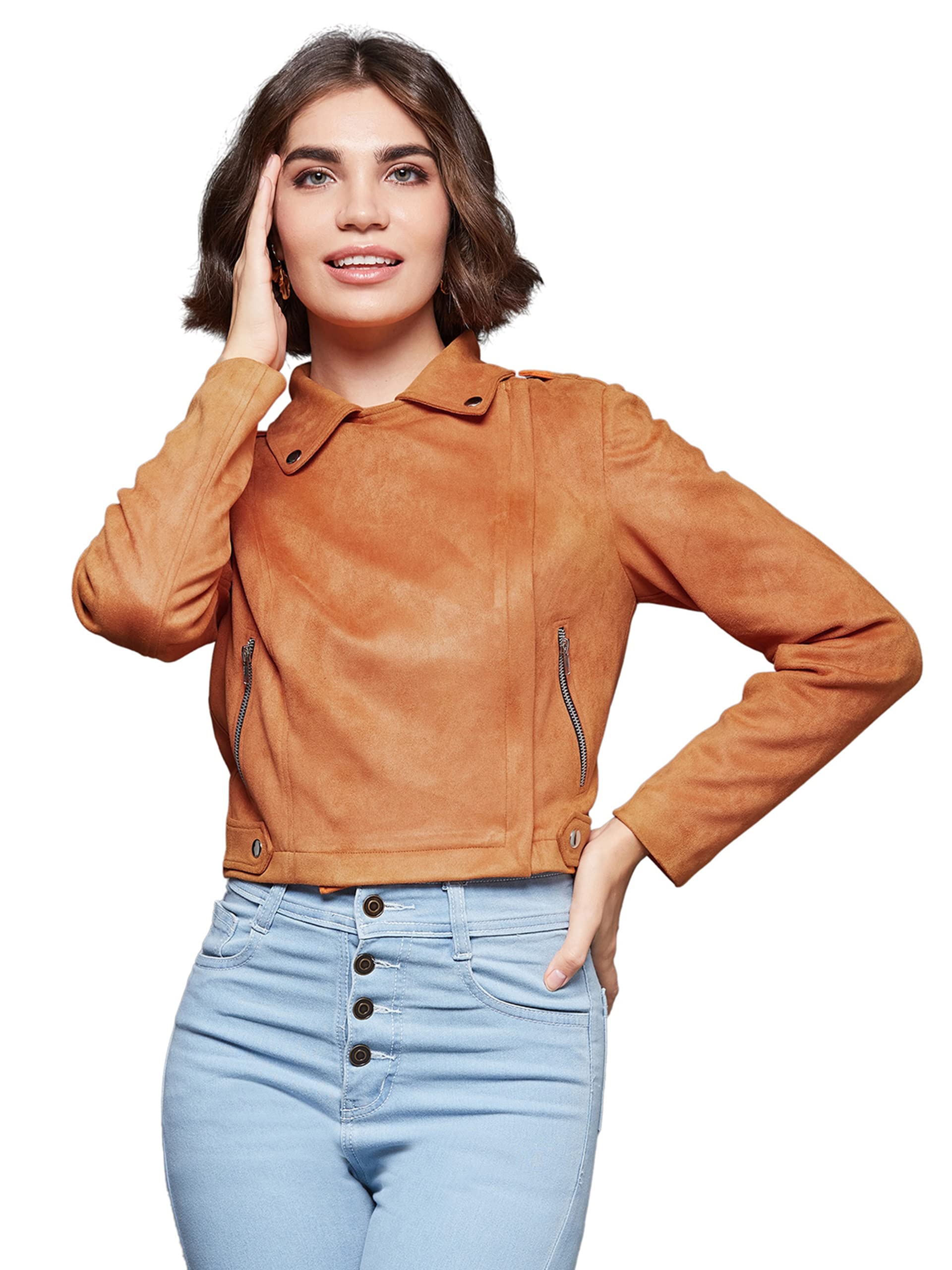 Miss Chase WomenS Burnt Orange Notch Full-Sleeve Solid Blazer Style Zipper Polyester Jacket(Mcaw22Jkt03-54-286-06, Burnt Orange,