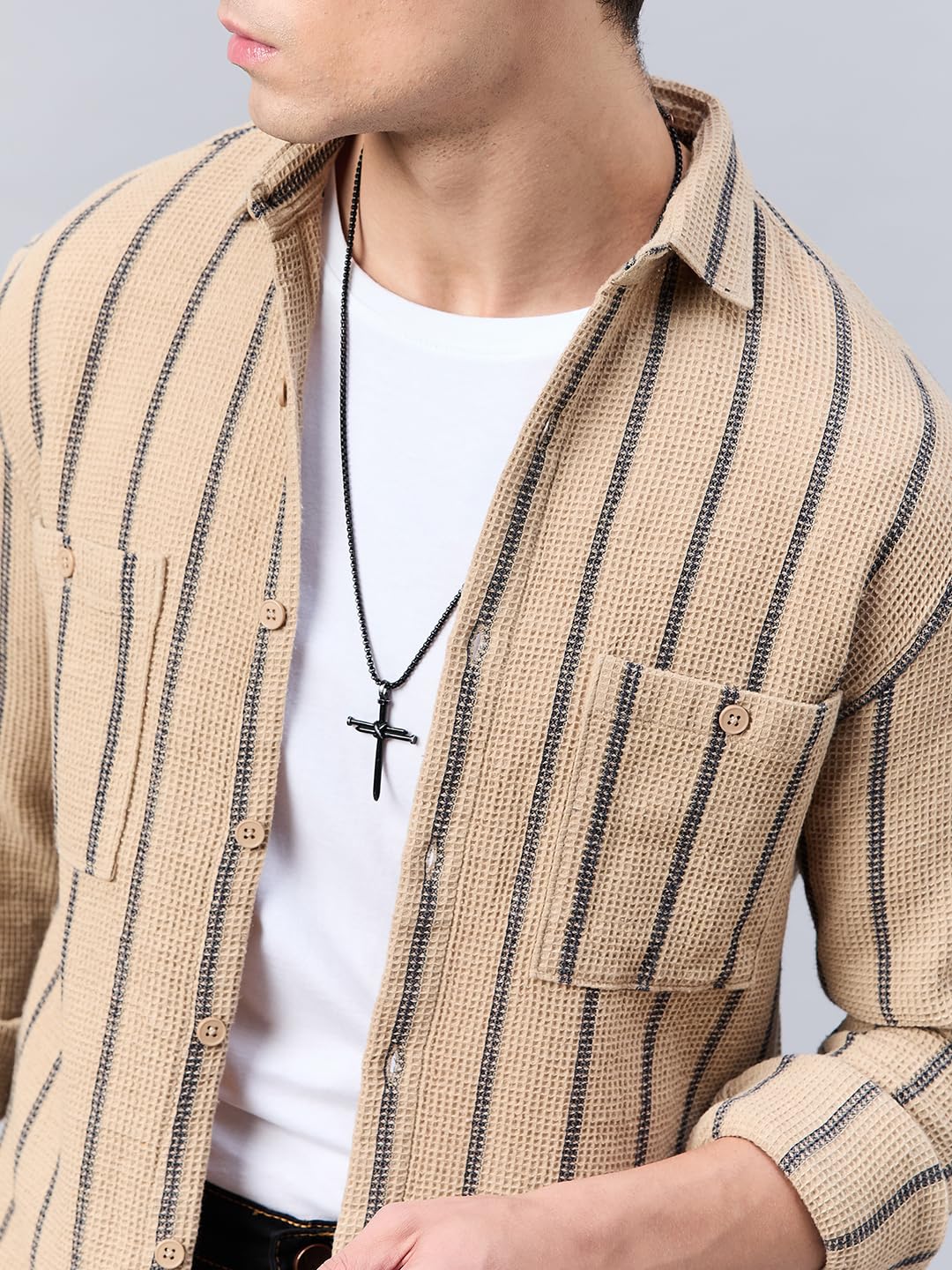 Style Quotient Men Khaki Stripe Textured Solid Shirt