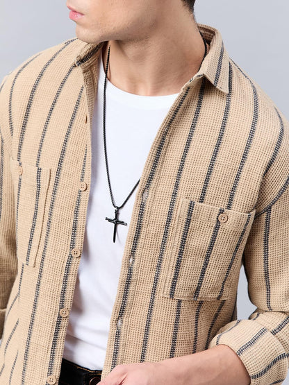 Style Quotient Men Khaki Stripe Textured Solid Shirt