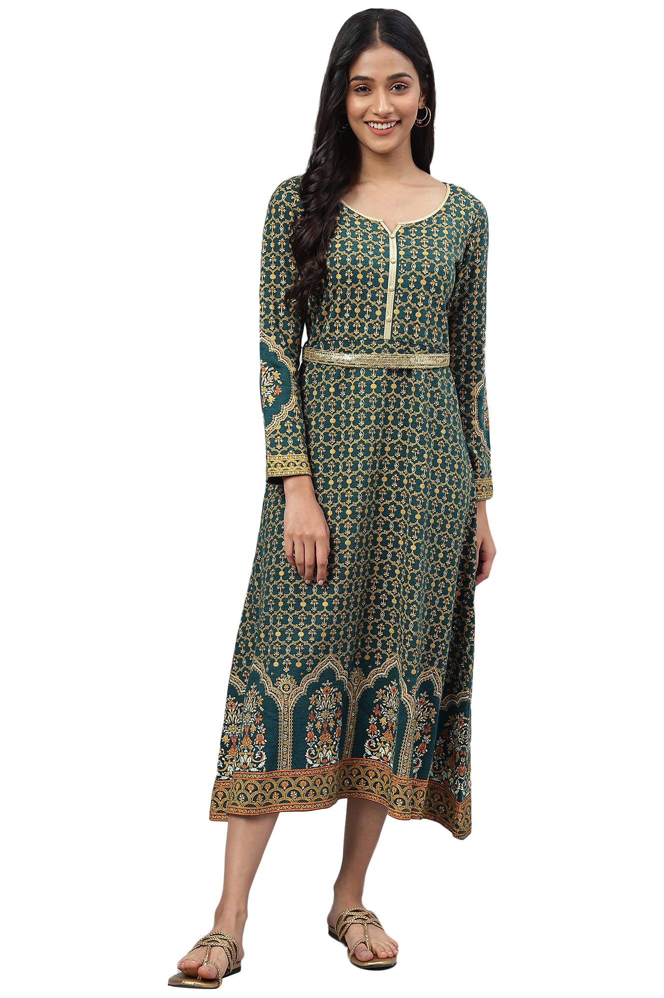 Green Floral Print Winter Dress With Sequins Detailing