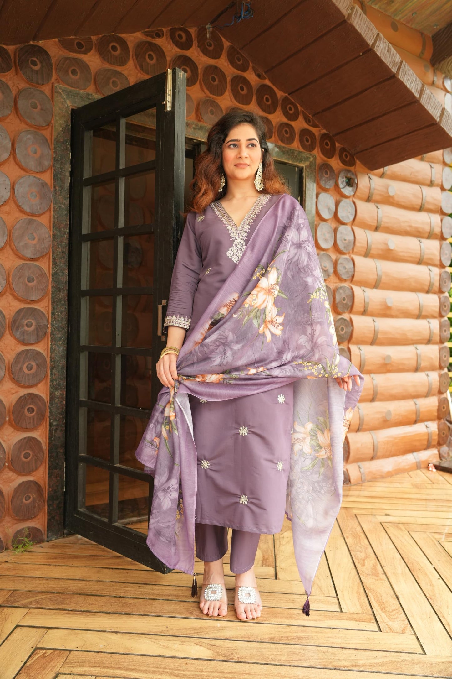 Rieka Women Embroidered Kurta Set With Floral Printed Dupatta & Straight Pant | Ethnic Wear Set For Women | Silk Blend Kurta Set