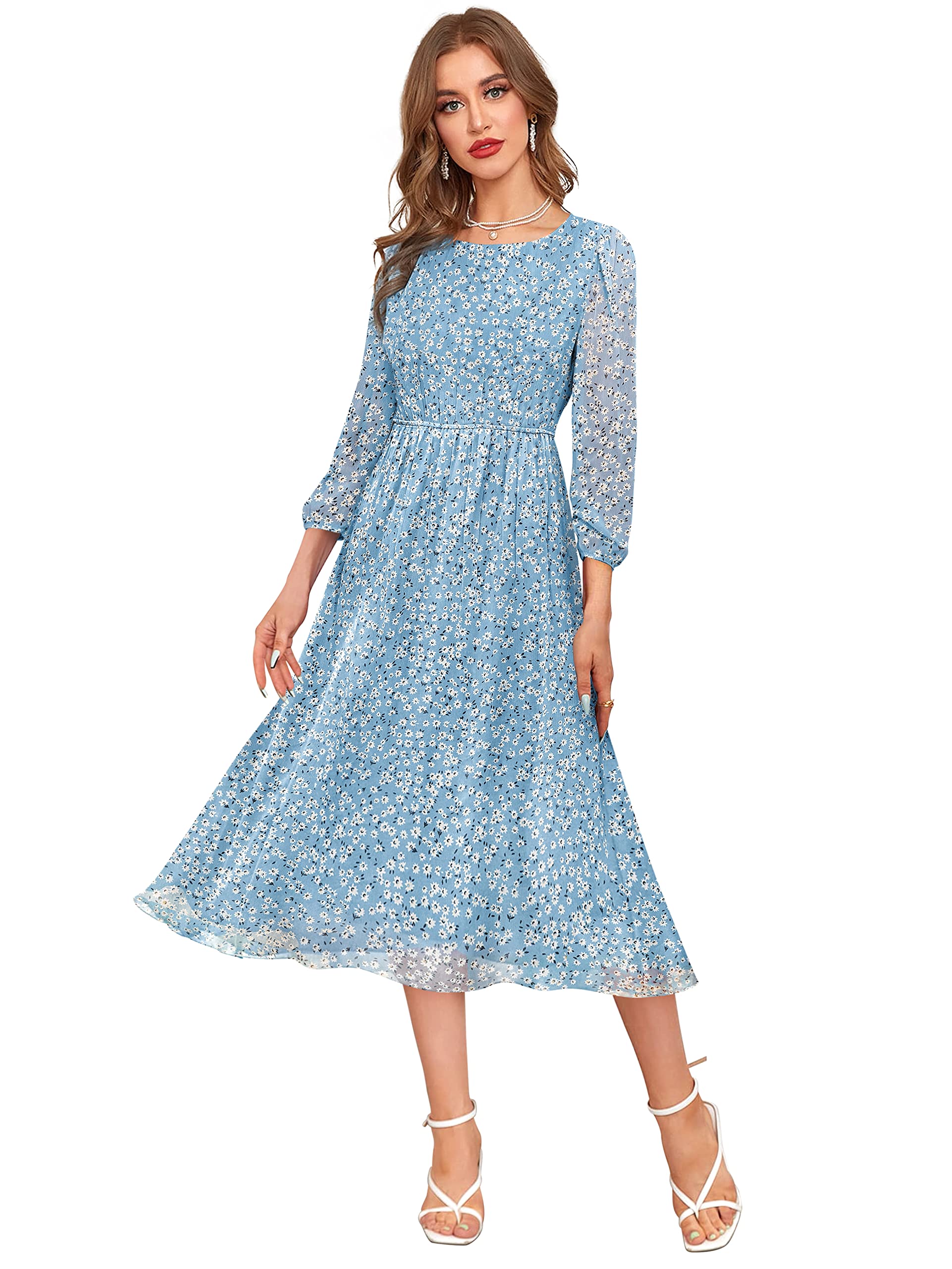 Toochki WomenS Sky Blue Georgette Floral Fit & Flared Western Dress | Dress For Women | A Line Dress | Winter Dress | Western D