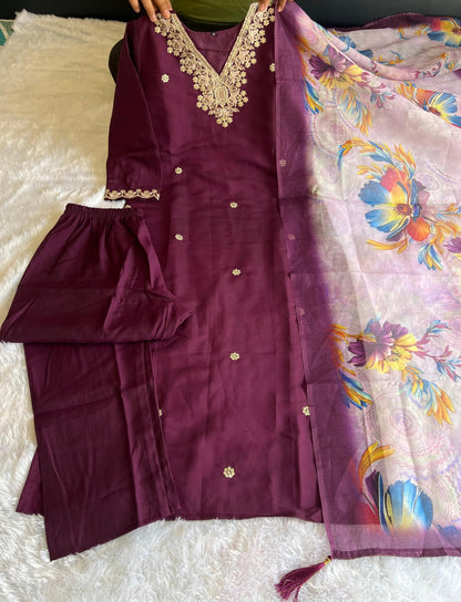 Rieka Women Embroidered Kurta Set With Floral Printed Dupatta & Straight Pant | Ethnic Wear Set For Women | Silk Blend Kurta Set