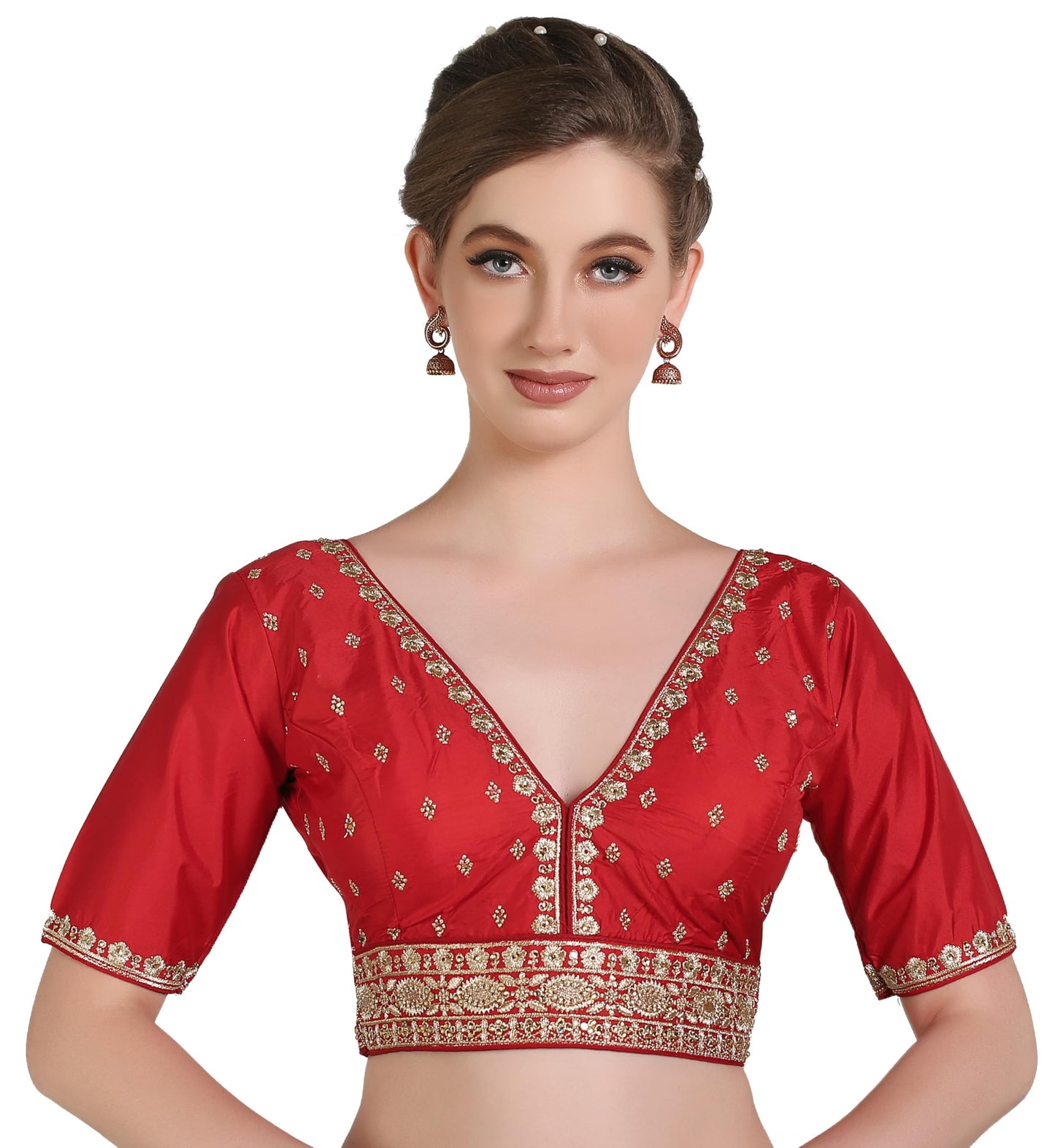 Pujia Mills Woman Readymade Ethnic Wear Deep V Neck Classic Butti Designer Half Sleeve Red Blouse Online Embroidery Zari Work Wi