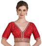 Pujia Mills Woman Readymade Ethnic Wear Deep V Neck Classic Butti Designer Half Sleeve Red Blouse Online Embroidery Zari Work Wi