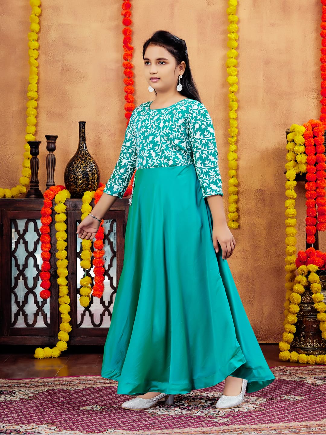 Aarika Girls Turquoise Colour Chicken Embroidery Silk Gown (3-9 Years)