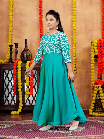 Aarika Girls Turquoise Colour Chicken Embroidery Silk Gown (3-9 Years)