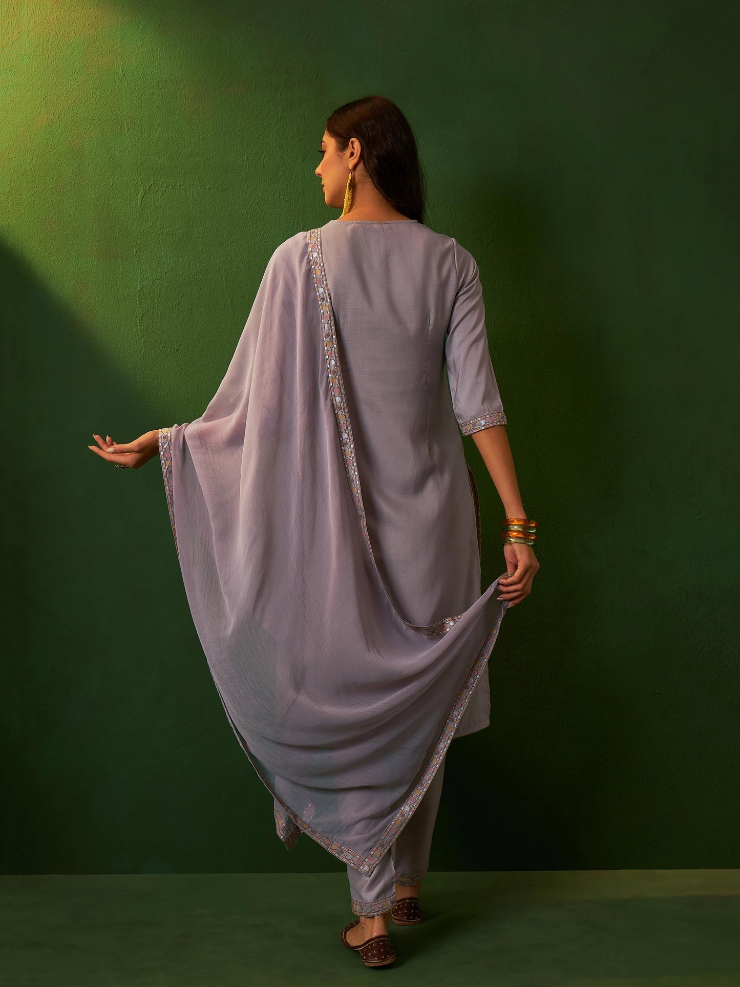 ZIYAA Women Light Grey Chinon Straight Kurta With Pant And Dupatta Set