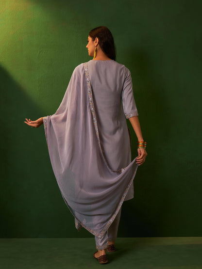 ZIYAA Women Light Grey Chinon Straight Kurta With Pant And Dupatta Set